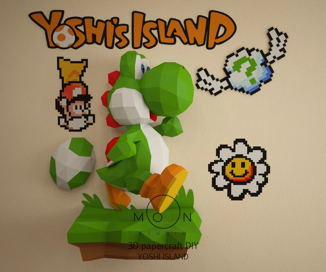 Yoshi Island, DIY, Papercraft, PDF, Low Poly, 3D model, Craft, Paper, Retro Game, GBA, Nes, Snes, Gbc, Room Decor, Wall Decor