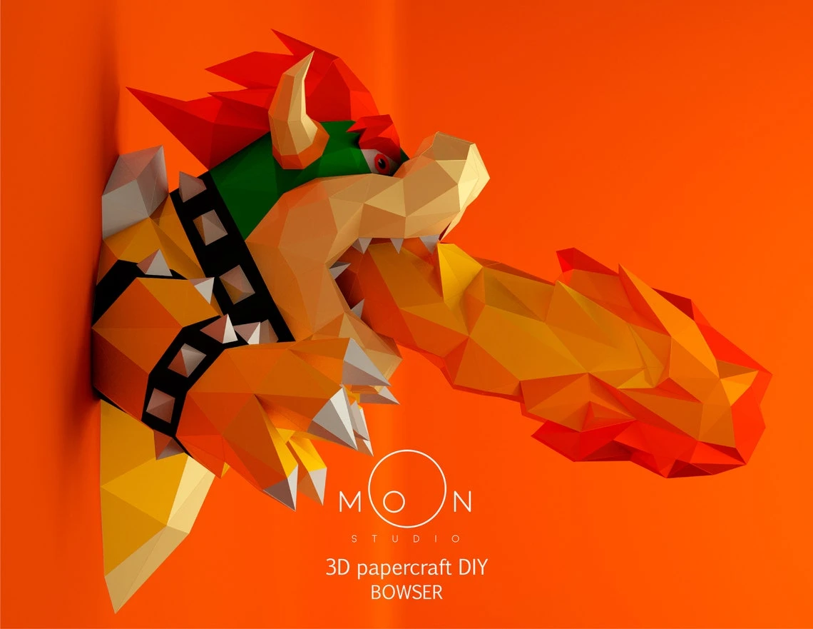 Bowser, DIY, Papercraft, PDF, Low Poly, 3D model, Craft, Paper, Mario, Movie, Retro Game, Room Decor, Wall Decor