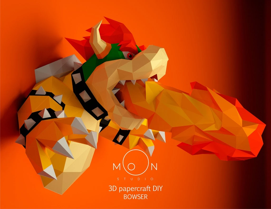 Bowser, DIY, Papercraft, PDF, Low Poly, 3D model, Craft, Paper, Mario, Movie, Retro Game, Room Decor, Wall Decor