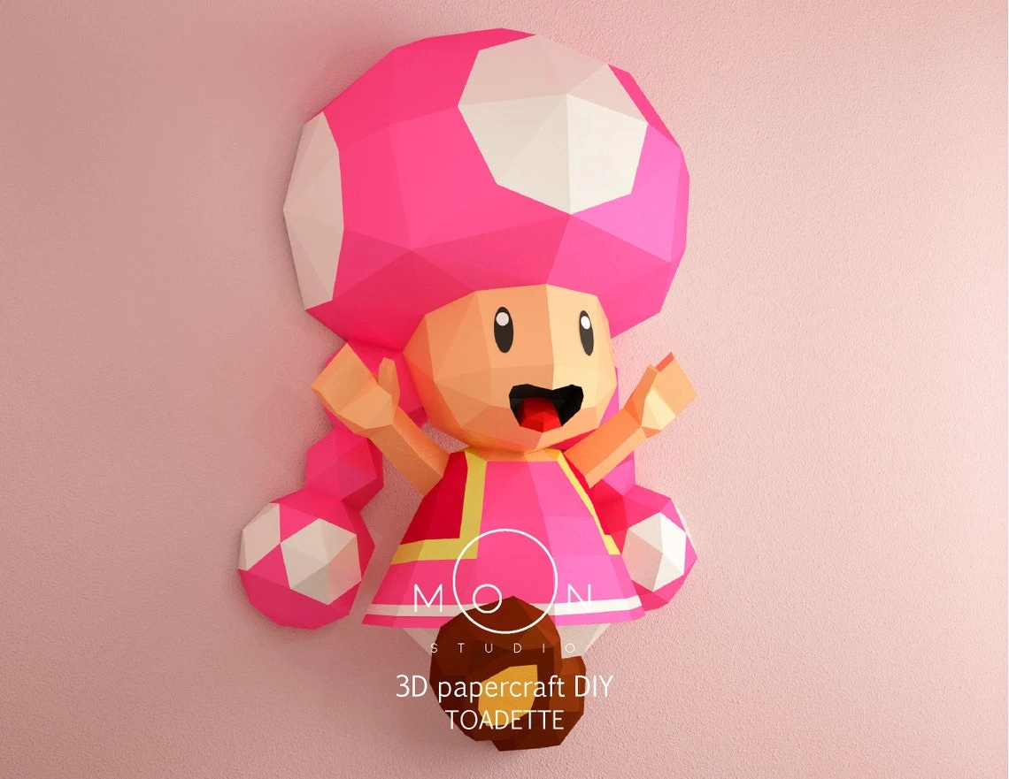 Toadette, DIY, Papercraft, PDF, Low Poly, 3D model, Craft, Paper, M4r10, Retro Game, Nes, Snes, GBA, Room Decor, Wall Decor