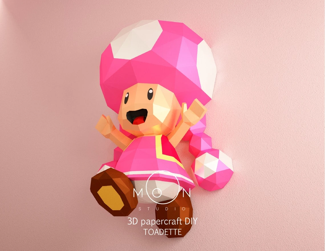 Toadette, DIY, Papercraft, PDF, Low Poly, 3D model, Craft, Paper, M4r10, Retro Game, Nes, Snes, GBA, Room Decor, Wall Decor