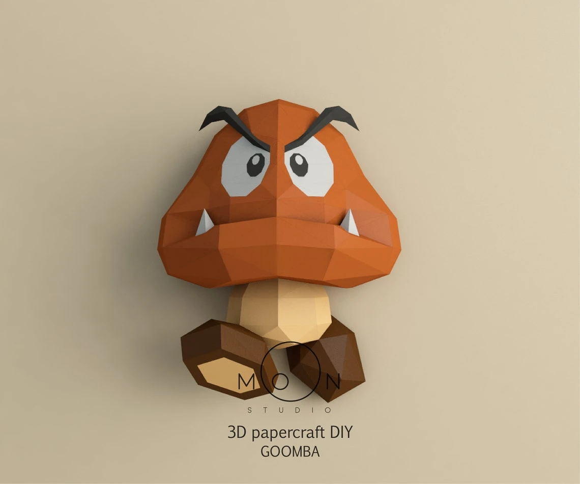 Goomba, DIY, Papercraft, PDF, Low Poly, 3D model, Craft, Paper, Mario, Retro Game, Nes, Snes, GBA, Gb, Room Decor, Wall Decor