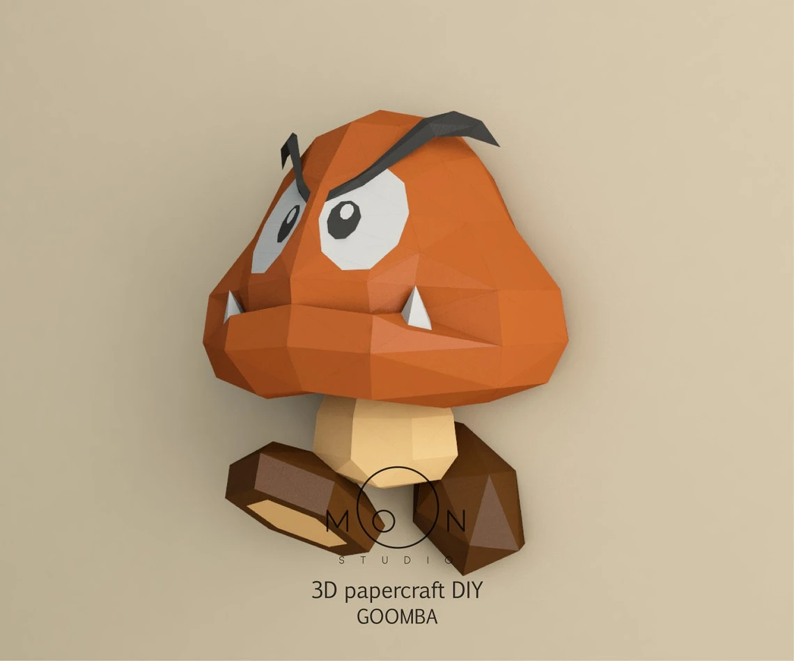 Goomba, DIY, Papercraft, PDF, Low Poly, 3D model, Craft, Paper, Mario, Retro Game, Nes, Snes, GBA, Gb, Room Decor, Wall Decor