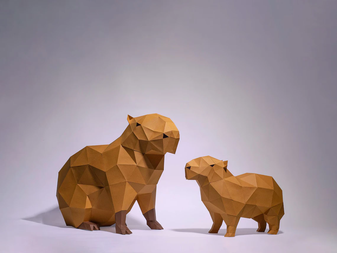 Capybaras Paper Craft, Digital Template, Origami, PDF Download DIY, Low Poly, Trophy, Sculpture, Capybara Model