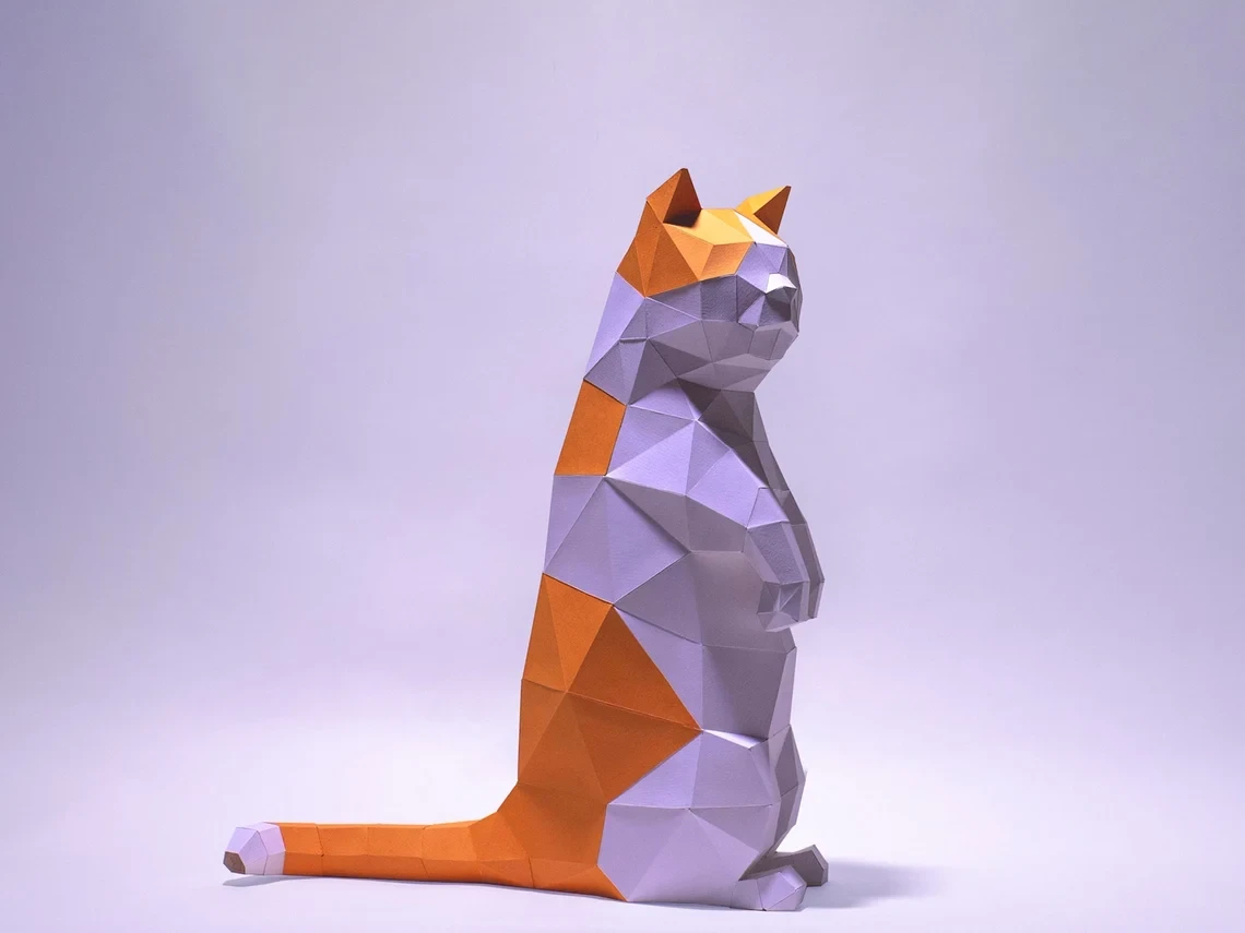 Munchkin Cat Stand Up Paper Craft, Digital Template, Origami, PDF Download DIY, Low Poly, Trophy, Sculpture, Munchkin Cat Model