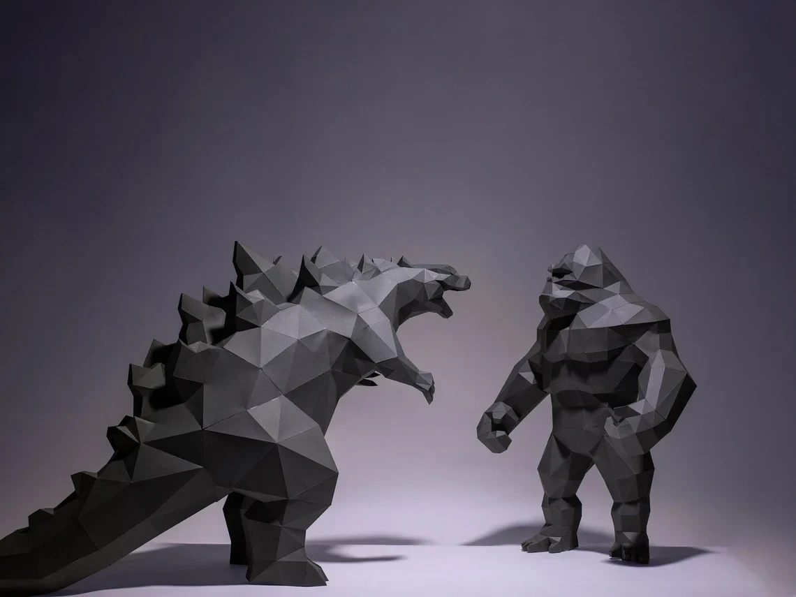 Godzilla and Kong Paper Craft, Digital Template, Origami, PDF Download DIY, Low Poly, Trophy, Sculpture, Godzilla and Kong Model