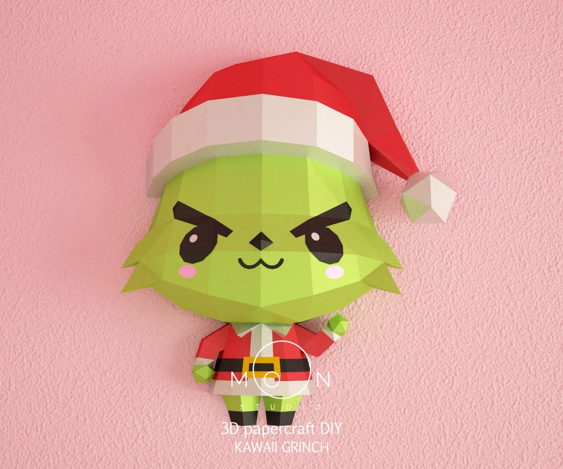 Kawaii Grinch, DIY, Papercraft, PDF, Low Poly, 3D model, Craft, Cricut, maker, Merry Christmas, December, New Year, Wall Decor