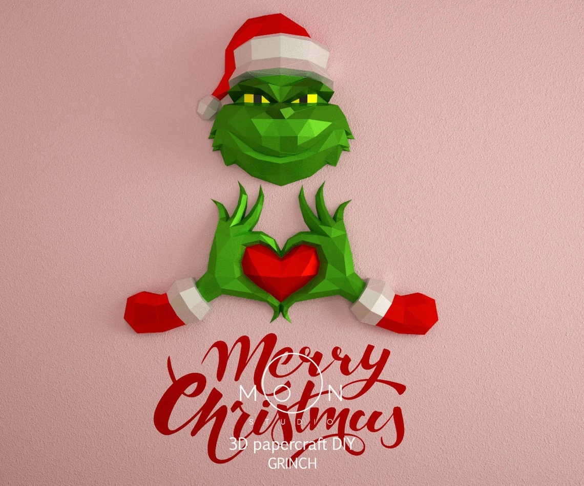 Grinch, DIY, Papercraft, PDF, Low Poly, 3D model, Craft, Cricut, maker, Merry Christmas, December, New Year, Wall Decor