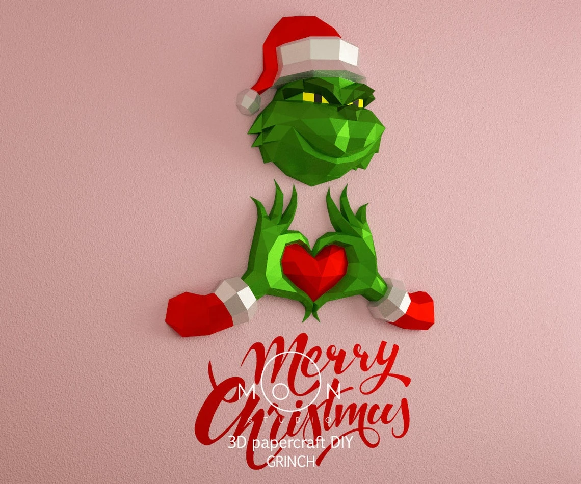 Grinch, DIY, Papercraft, PDF, Low Poly, 3D model, Craft, Cricut, maker, Merry Christmas, December, New Year, Wall Decor