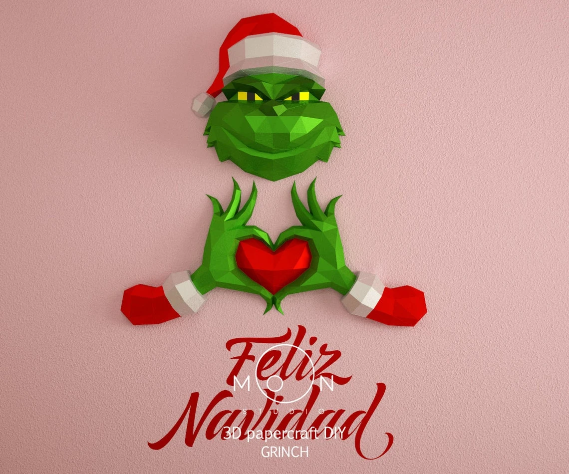 Grinch, DIY, Papercraft, PDF, Low Poly, 3D model, Craft, Cricut, maker, Merry Christmas, December, New Year, Wall Decor