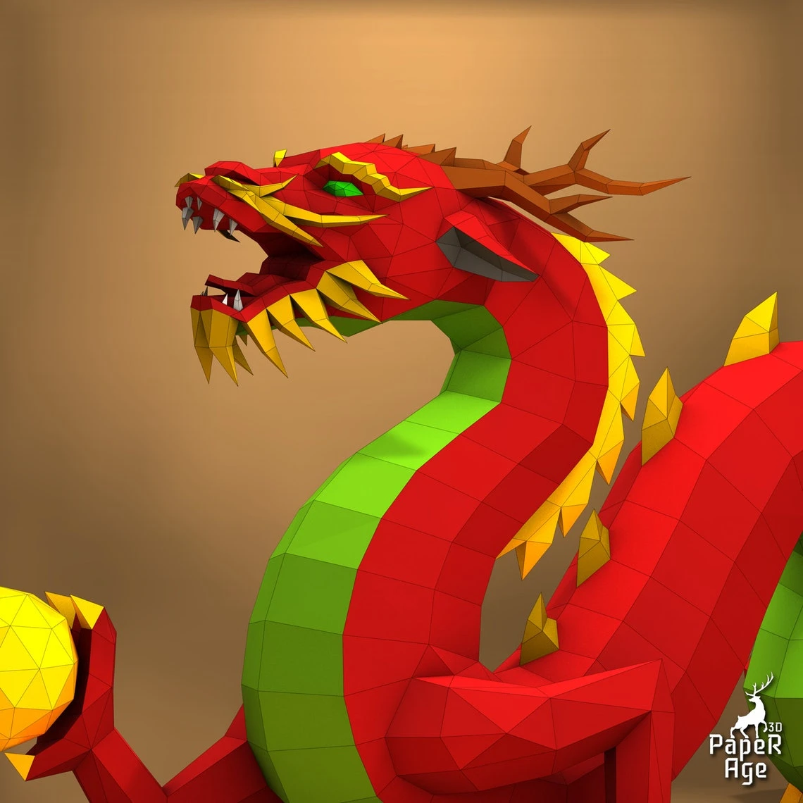 Chinese Dragon, Papercraft, Mustache dragon Pepakura, Lowpoly, Low Polygon, 3D Papercraft, handmade, Paper Sculptures, DIY origami, Decor