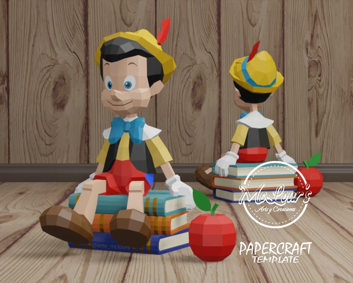 Boy Pinocchio Sitting on The Book and Apple/ Pinocho/ DiY Craft/ Template PDF/ Low Poly/ Papercraft/ 3D Boy Doll/ Origami/ Home decor