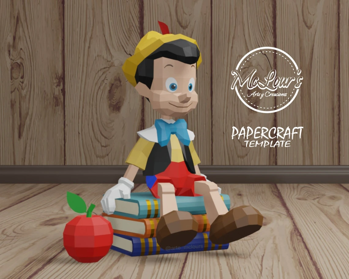 Boy Pinocchio Sitting on The Book and Apple/ Pinocho/ DiY Craft/ Template PDF/ Low Poly/ Papercraft/ 3D Boy Doll/ Origami/ Home decor