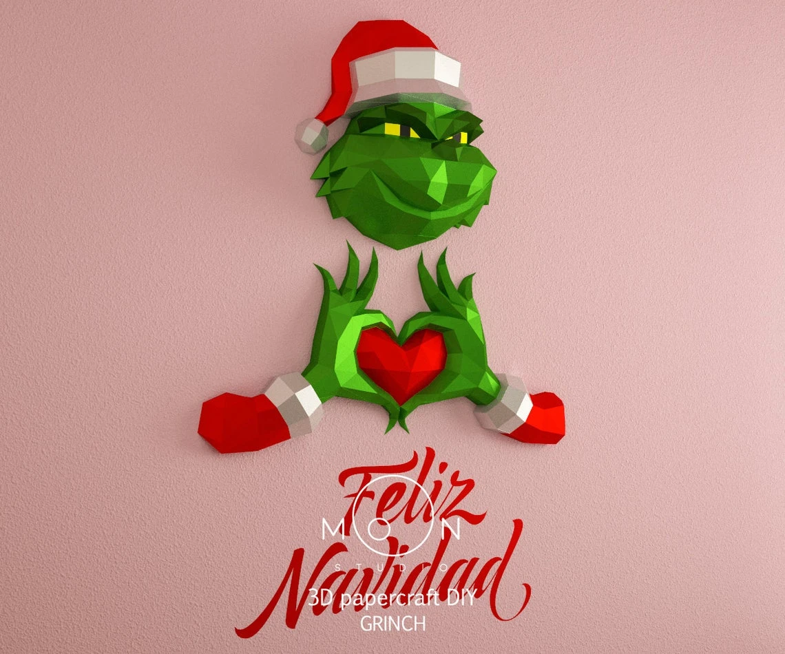 Grinch, DIY, Papercraft, PDF, Low Poly, 3D model, Craft, Cricut, maker, Merry Christmas, December, New Year, Wall Decor