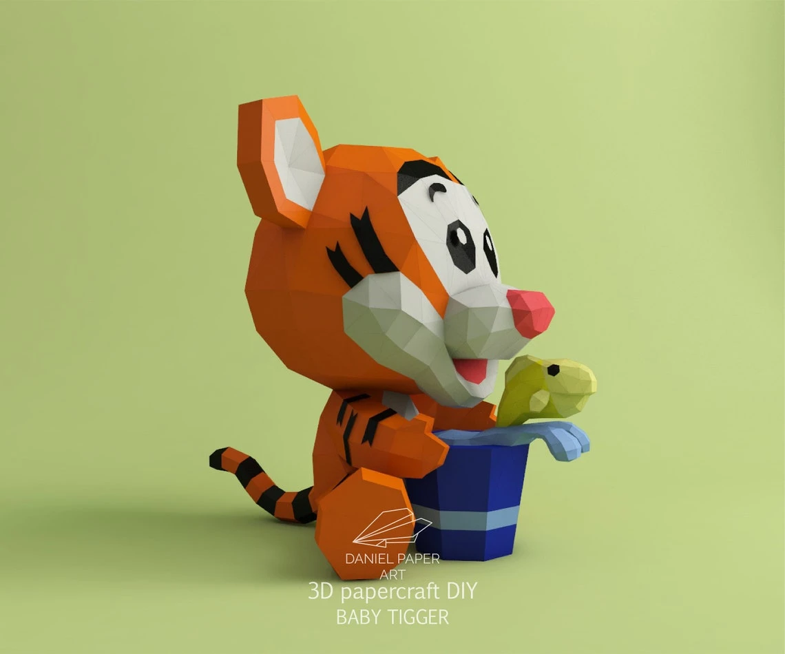 Baby Tigger, Winnie the Pooh PDF Template, DIY 3d Model, FanArt, Paper Sculpture, Low Poly, Pepakura, Craft, Manualidad, Paper Art