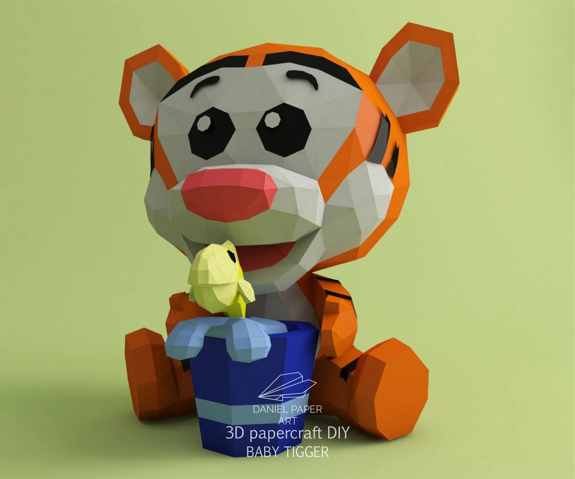 Baby Tigger, Winnie the Pooh PDF Template, DIY 3d Model, FanArt, Paper Sculpture, Low Poly, Pepakura, Craft, Manualidad, Paper Art