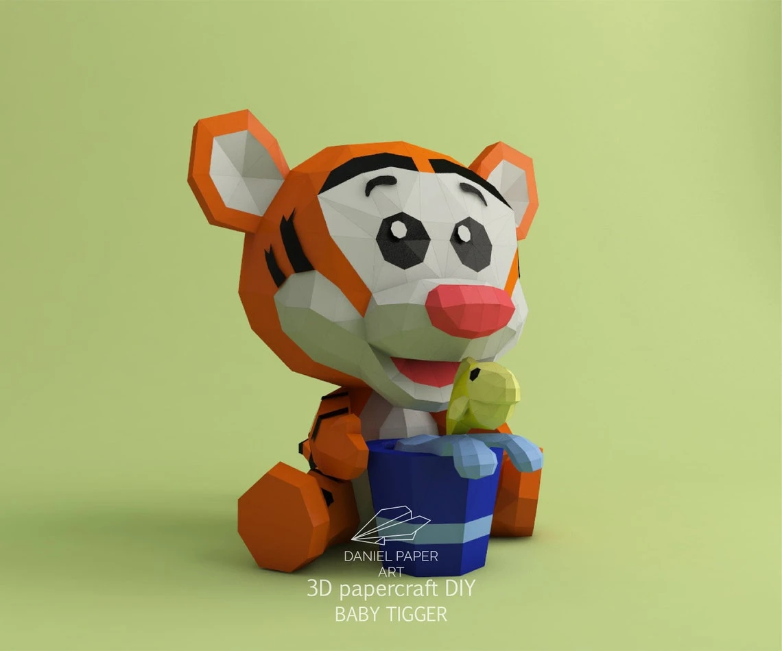 Baby Tigger, Winnie the Pooh PDF Template, DIY 3d Model, FanArt, Paper Sculpture, Low Poly, Pepakura, Craft, Manualidad, Paper Art