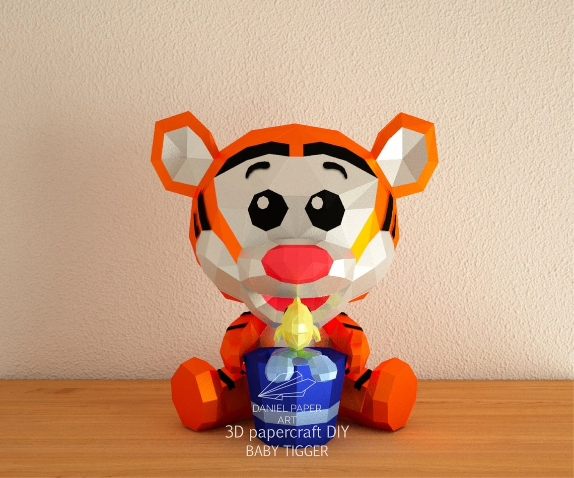 Baby Tigger, Winnie the Pooh PDF Template, DIY 3d Model, FanArt, Paper Sculpture, Low Poly, Pepakura, Craft, Manualidad, Paper Art