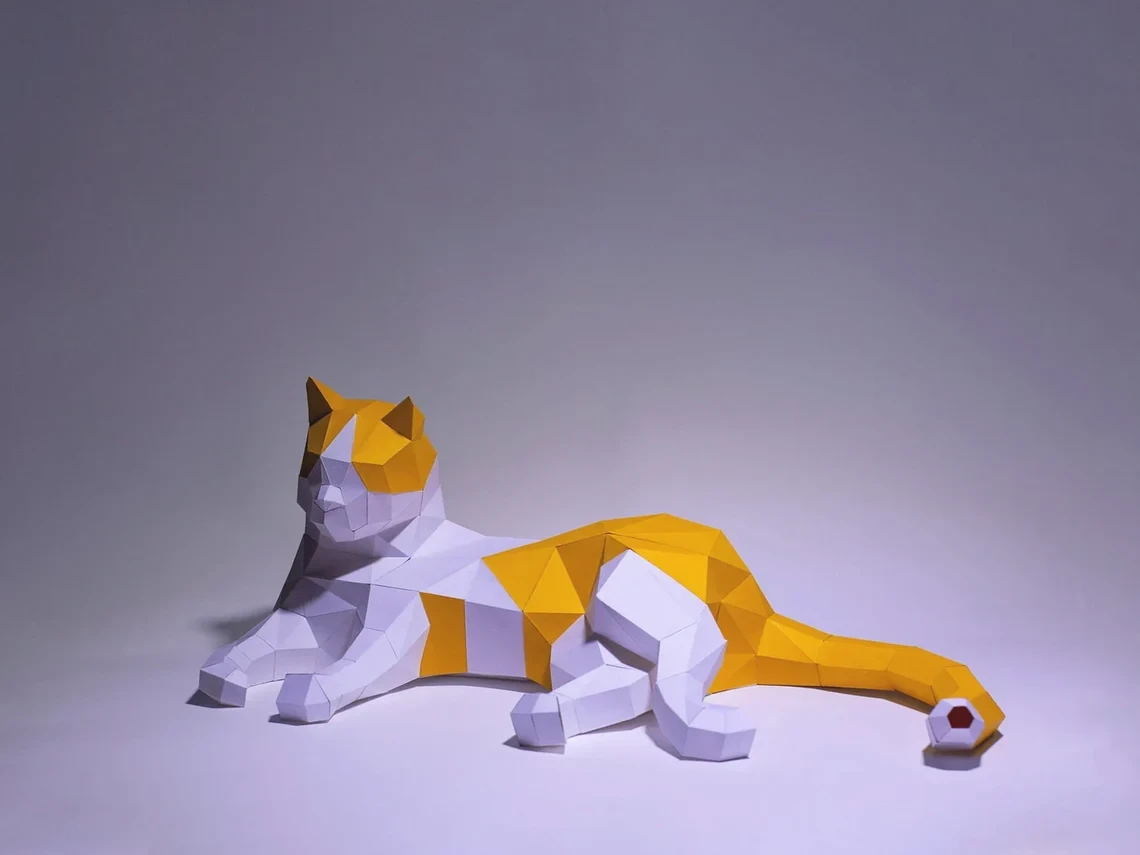 Cat Sleeping Paper Craft, Digital Template, Origami, PDF Download DIY, Low Poly, Trophy, Sculpture, Cat Sleeping Model