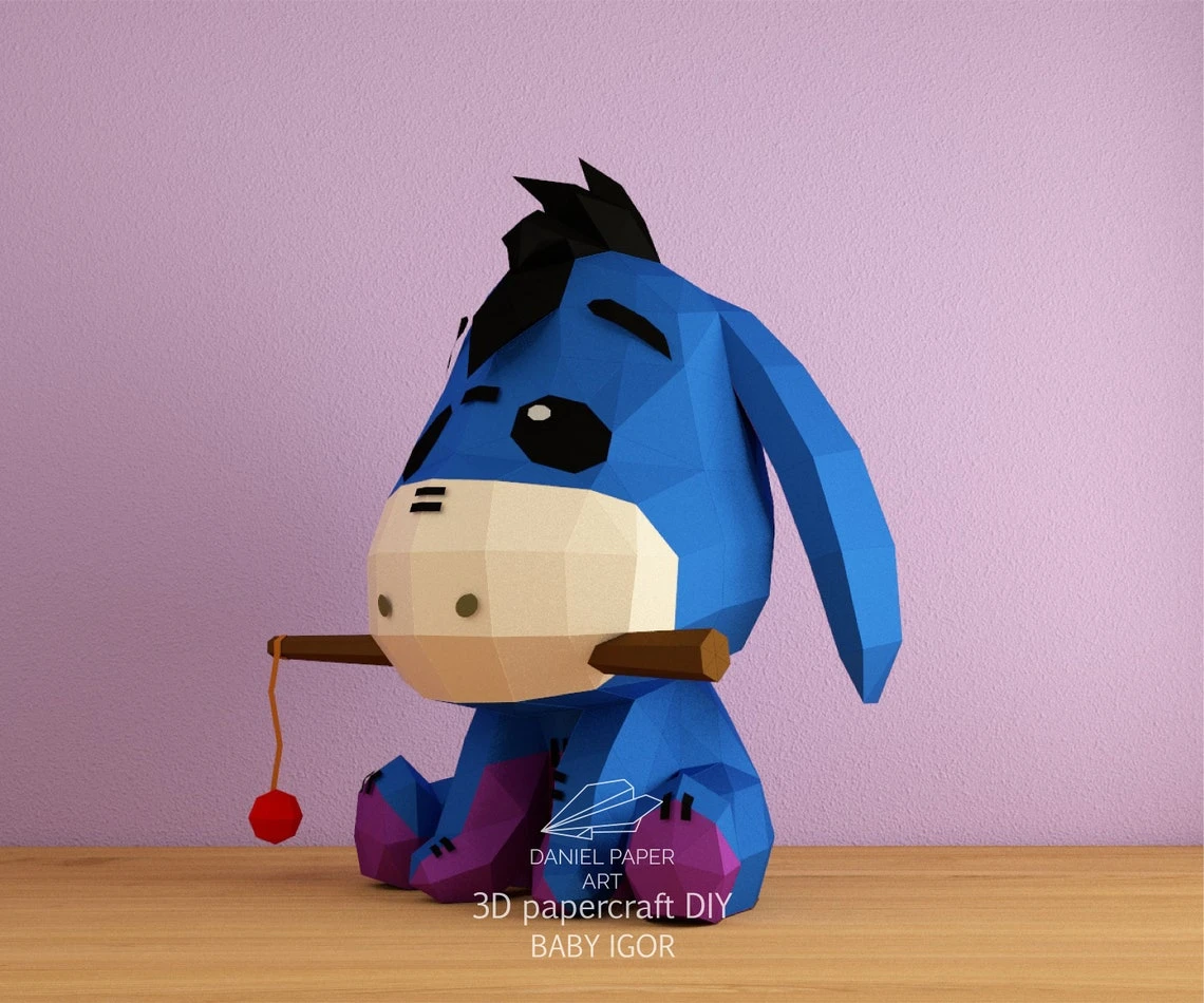 Baby Eeyore, Winnie the Pooh PDF Template, DIY 3d Model, FanArt, Paper Sculpture, Low Poly, Pepakura, Craft, Manualidad, Paper Art