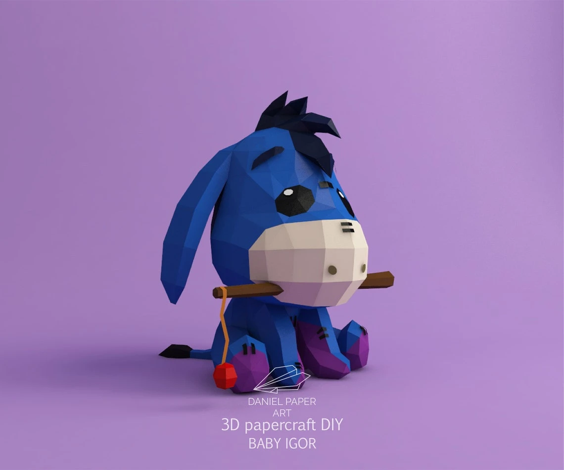 Baby Eeyore, Winnie the Pooh PDF Template, DIY 3d Model, FanArt, Paper Sculpture, Low Poly, Pepakura, Craft, Manualidad, Paper Art