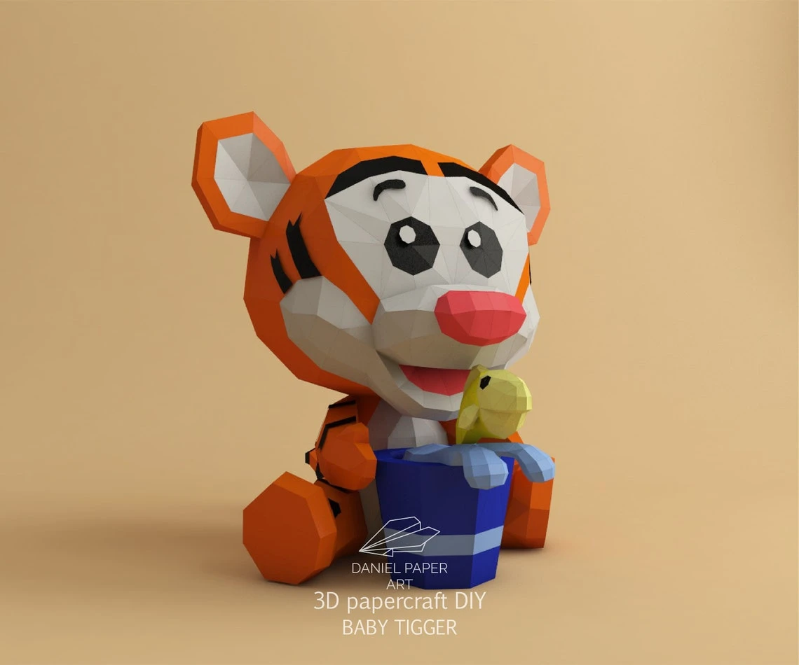 Baby Tigger, Winnie the Pooh PDF Template, DIY 3d Model, FanArt, Paper Sculpture, Low Poly, Pepakura, Craft, Manualidad, Paper Art