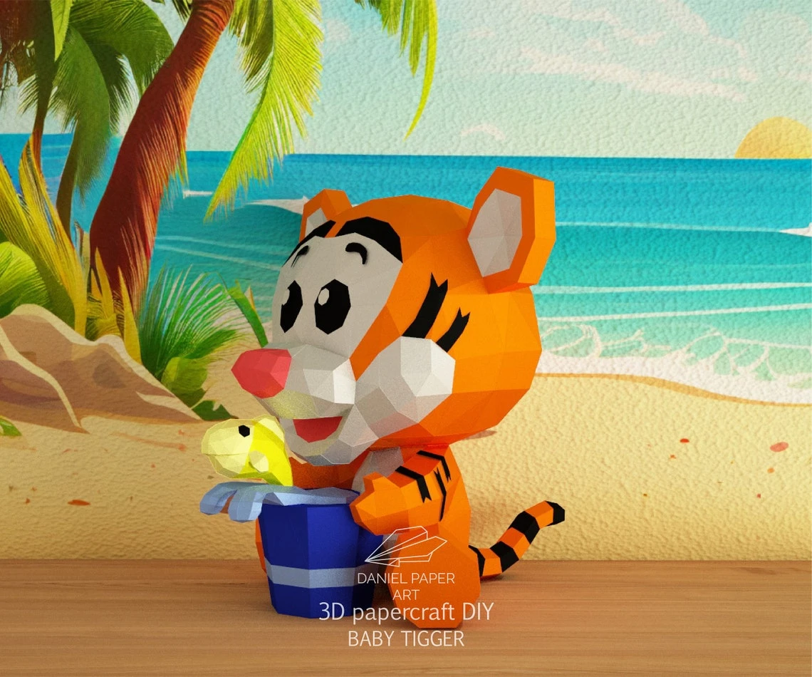 Baby Tigger, Winnie the Pooh PDF Template, DIY 3d Model, FanArt, Paper Sculpture, Low Poly, Pepakura, Craft, Manualidad, Paper Art