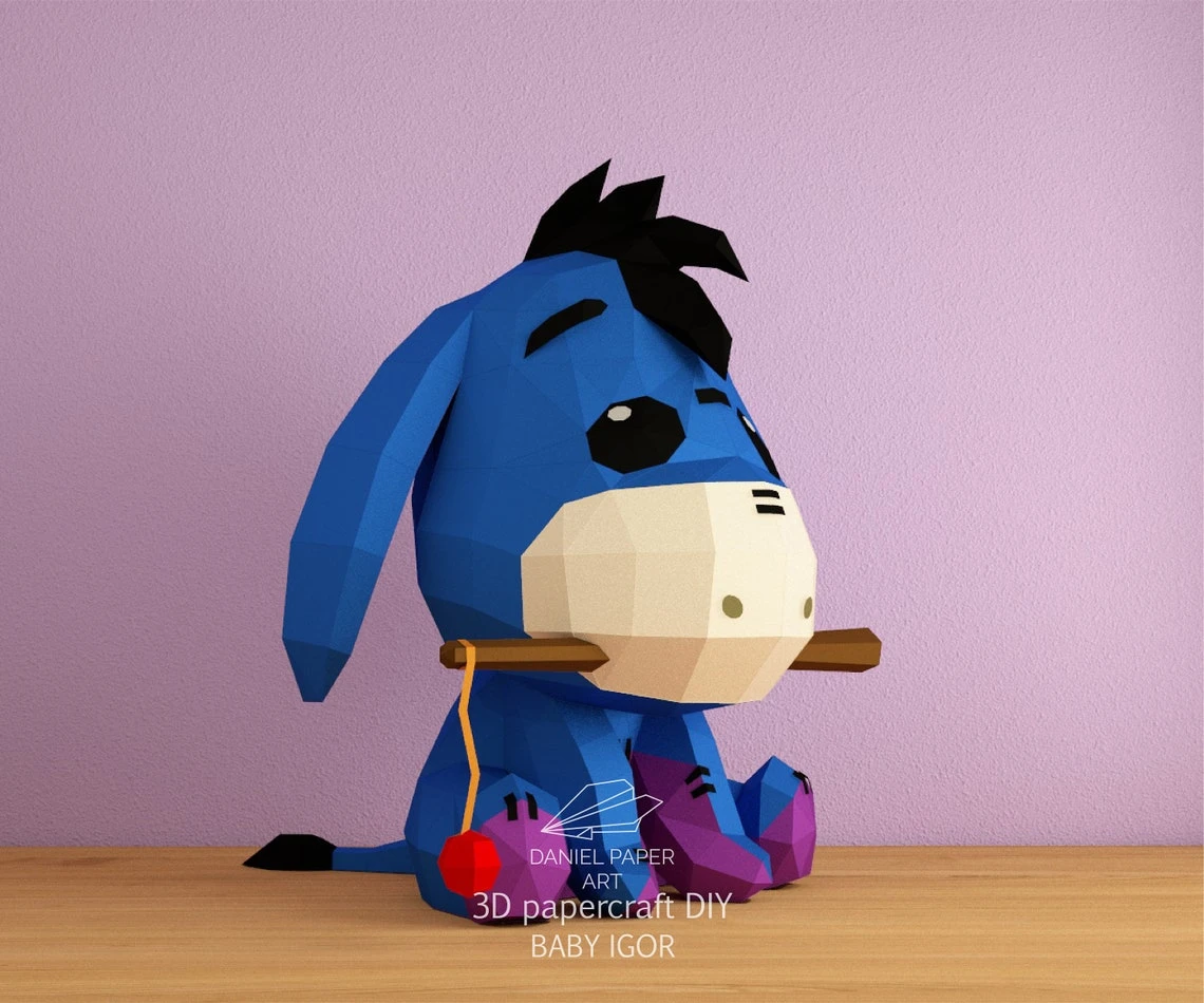 Baby Eeyore, Winnie the Pooh PDF Template, DIY 3d Model, FanArt, Paper Sculpture, Low Poly, Pepakura, Craft, Manualidad, Paper Art