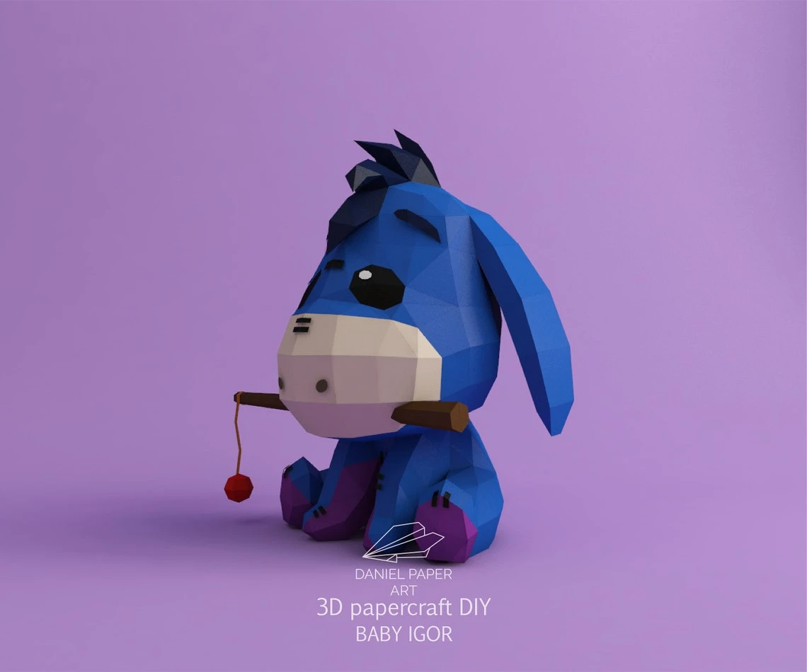 Baby Eeyore, Winnie the Pooh PDF Template, DIY 3d Model, FanArt, Paper Sculpture, Low Poly, Pepakura, Craft, Manualidad, Paper Art