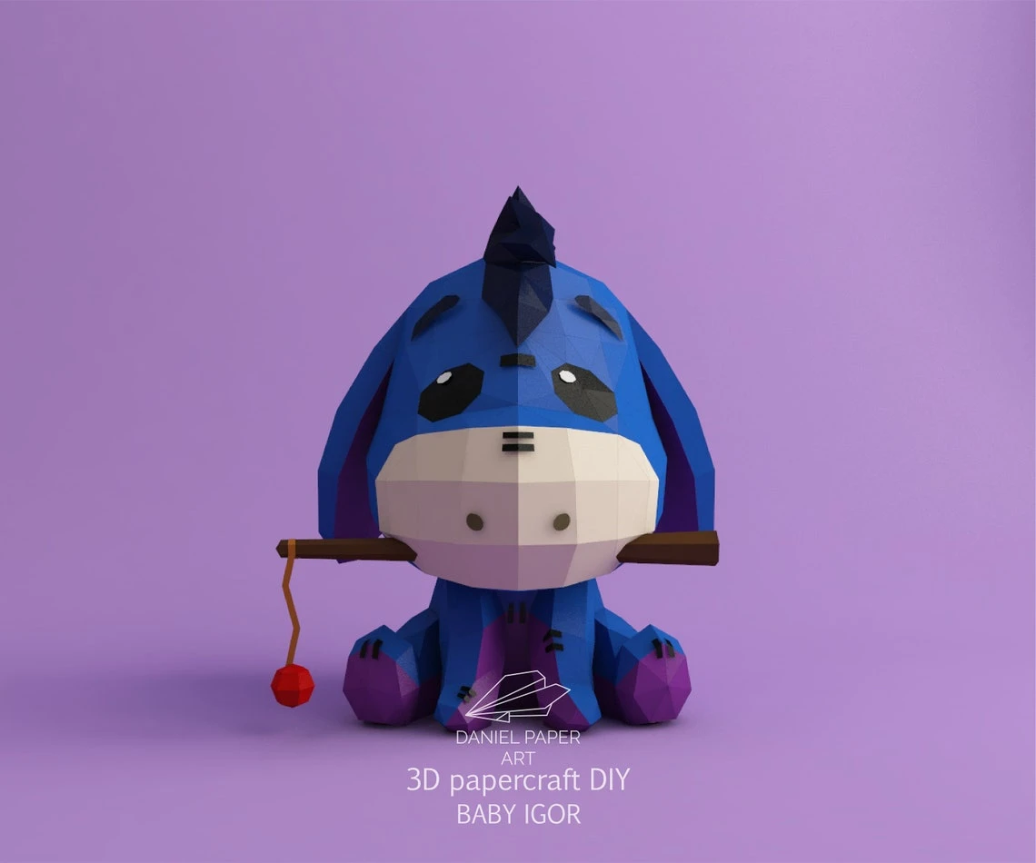 Baby Eeyore, Winnie the Pooh PDF Template, DIY 3d Model, FanArt, Paper Sculpture, Low Poly, Pepakura, Craft, Manualidad, Paper Art