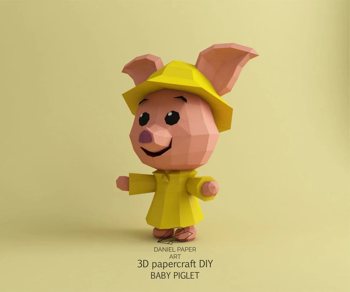 Baby Piglet, Winnie the Pooh PDF Template, DIY 3d Model, FanArt, Paper Sculpture, Low Poly, Pepakura, Craft, Manualidad, Paper Art