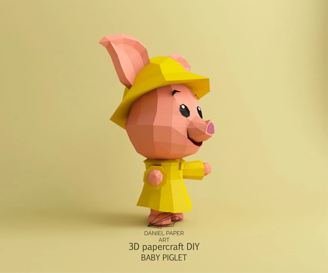 Baby Piglet, Winnie the Pooh PDF Template, DIY 3d Model, FanArt, Paper Sculpture, Low Poly, Pepakura, Craft, Manualidad, Paper Art