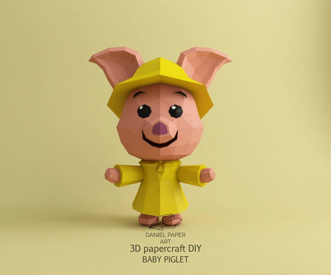 Baby Piglet, Winnie the Pooh PDF Template, DIY 3d Model, FanArt, Paper Sculpture, Low Poly, Pepakura, Craft, Manualidad, Paper Art