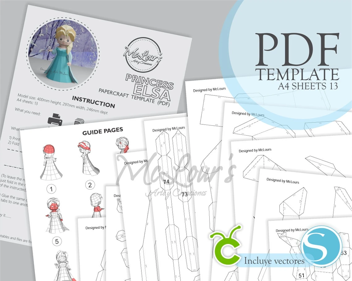 Princess Elsa/ Frozen/ DiY Craft/ Template PDF/ Low Poly/ Papercraft/ 3D Doll/ Origami/ Home decor