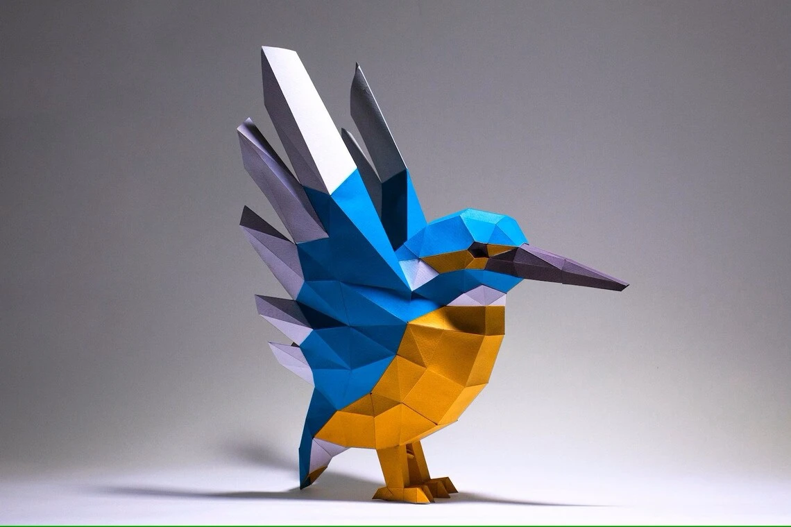 King Fisher Bird 2 Paper Craft, Digital Template, Origami, PDF Download DIY, Low Poly, Trophy, Sculpture, King Fisher Bird Model