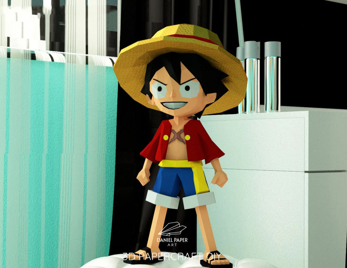 Monkey D. Luffy Chibi, One Piece PDF Template, DIY 3d Model, FanArt, Paper Sculpture, Low Poly, Pepakura, Craft, Manualidad, Paper Art