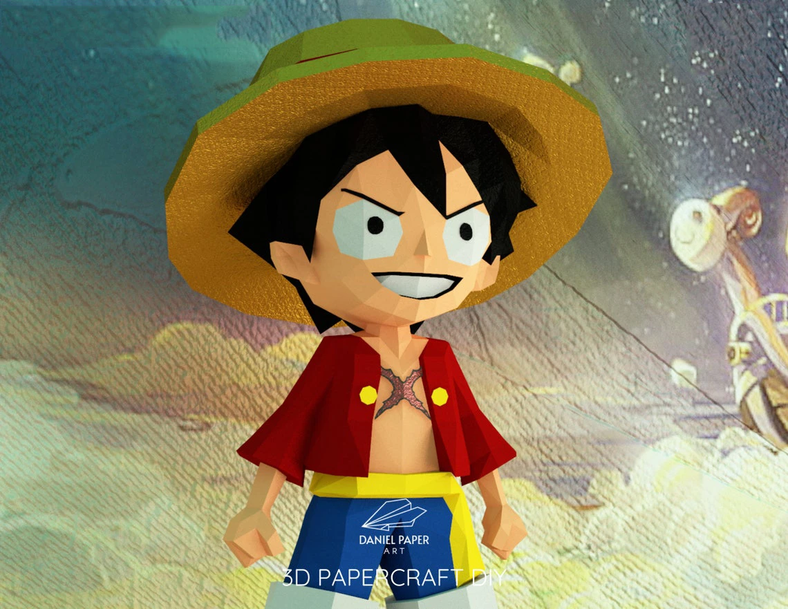 Monkey D. Luffy Chibi, One Piece PDF Template, DIY 3d Model, FanArt, Paper Sculpture, Low Poly, Pepakura, Craft, Manualidad, Paper Art