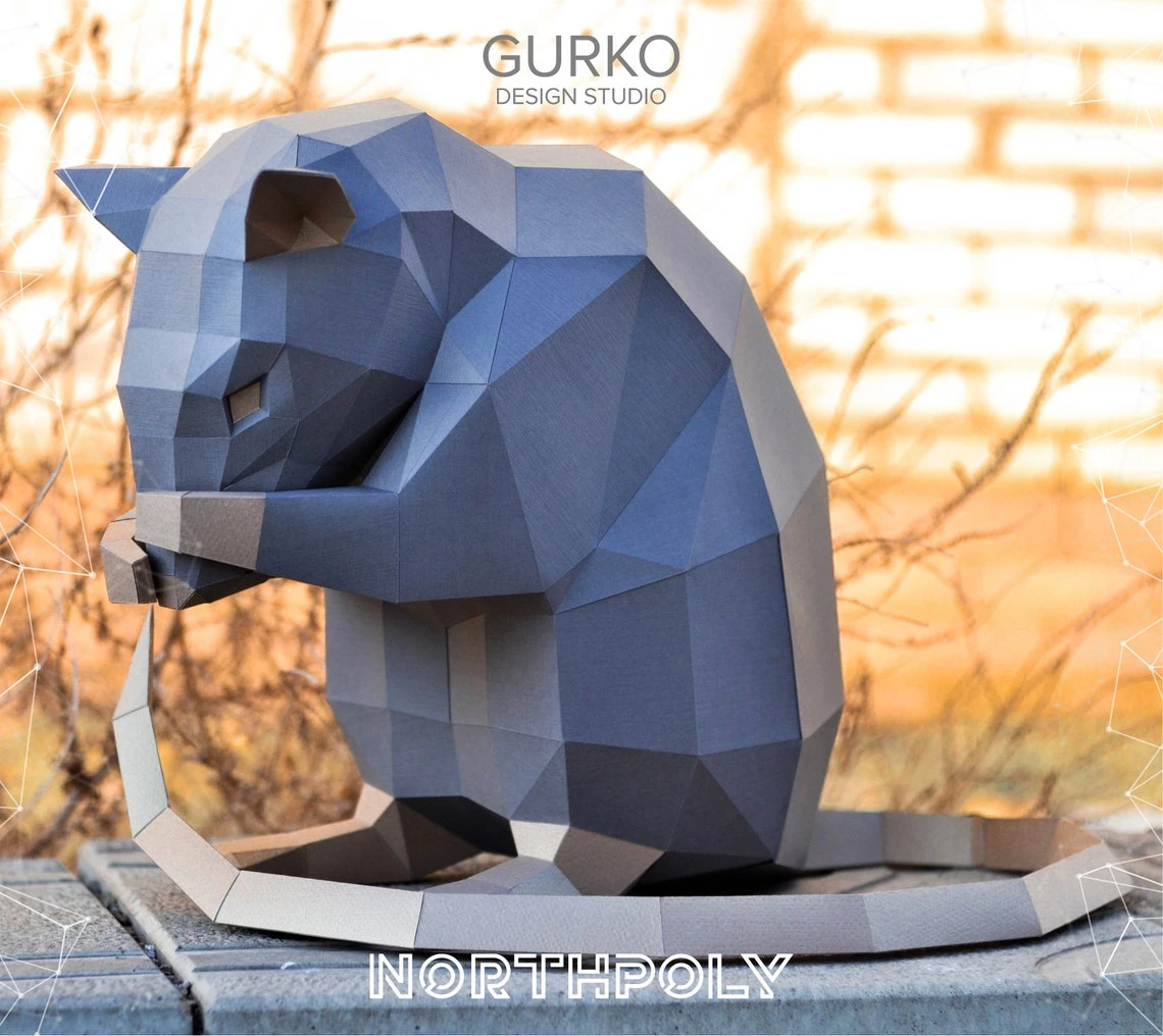 Papercraft Rat Covers His Face, Mouse, Pdf, Gurko, Pepakura, Template, 3D Origami, Paper Sculpture, Low Poly, DIY Craft