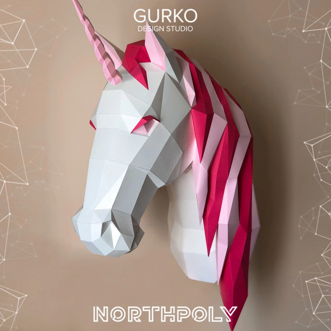 Unicorn Head Papercraft, Pdf, Gurko, Pepakura, Template, 3D Origami, Paper Sculpture, Low Poly, DIY Craft