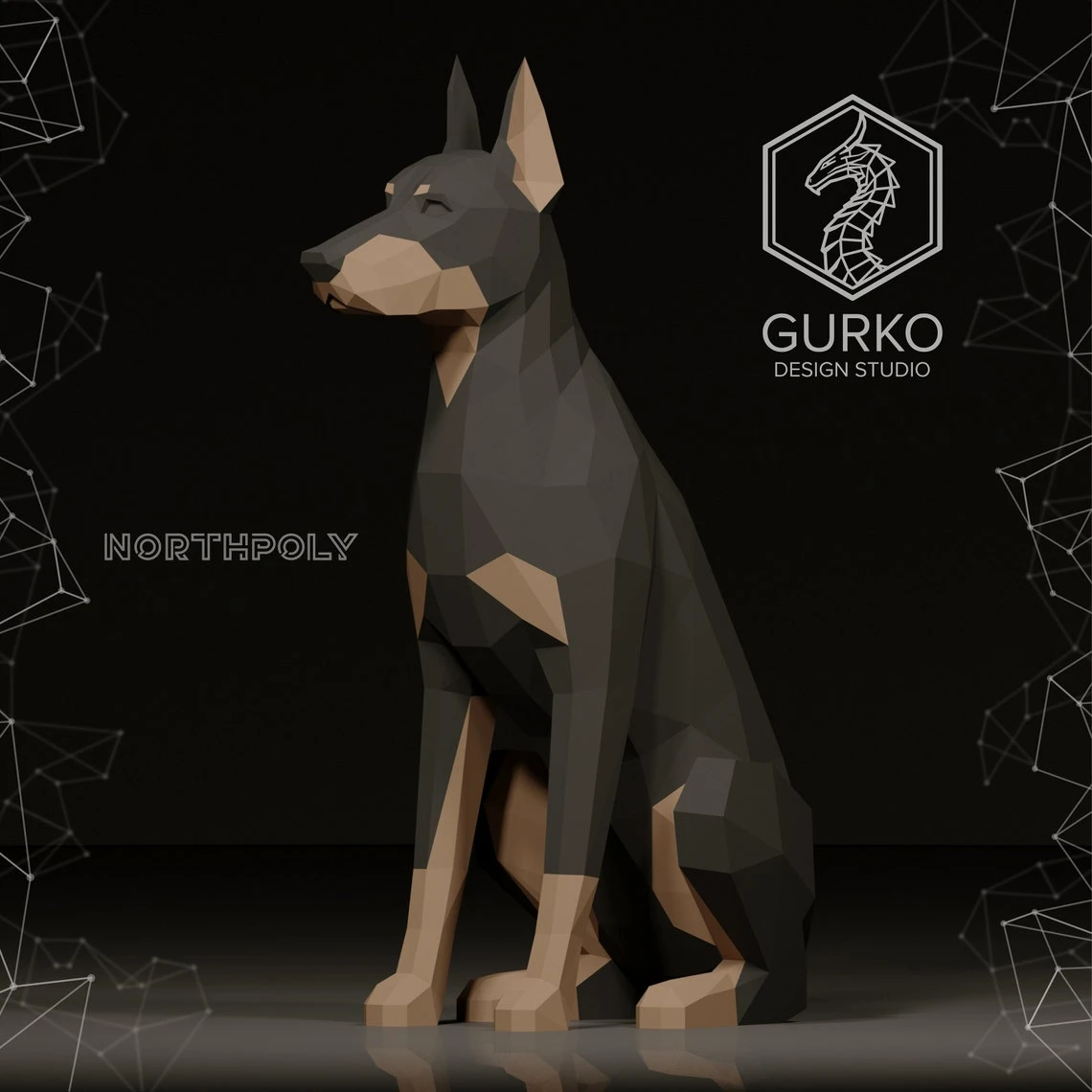 Seated Dobermann Papercraft , Dog, Pdf, Gurko, Pepakura, Template, 3D Origami, Paper Sculpture, Low Poly, DIY Craft