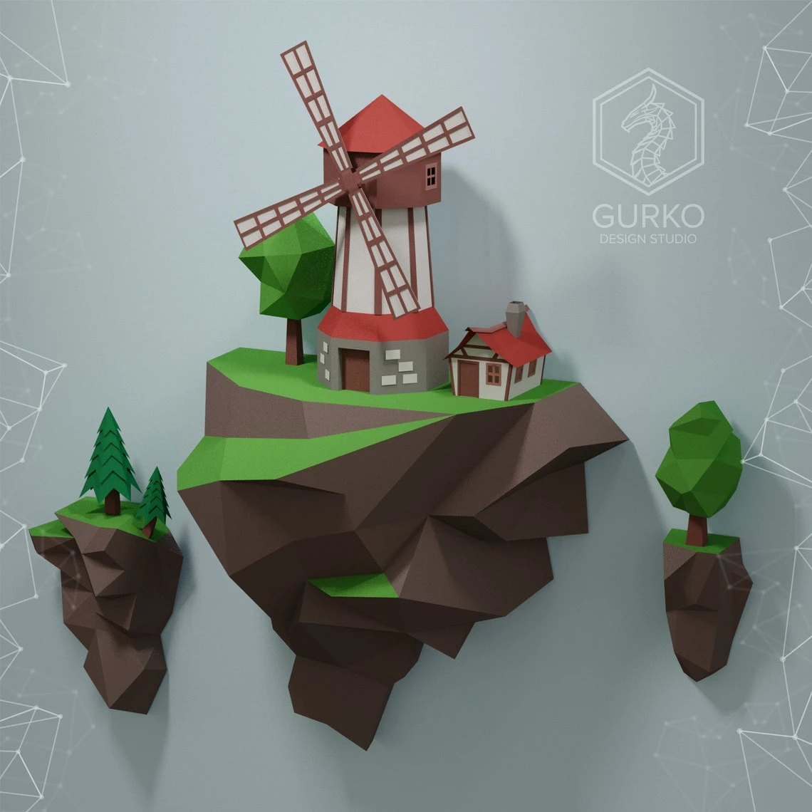 Papercraft Flying Island. Mill, Pdf, Gurko, Pepakura, Template, 3D Origami, Paper Sculpture, Low Poly, DIY Craft