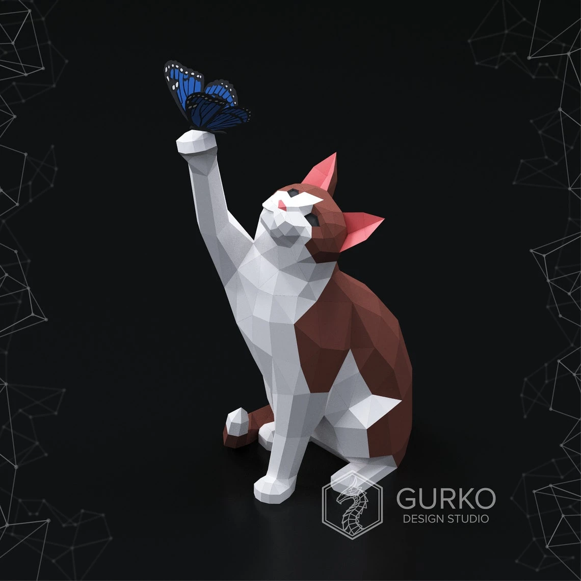 Papercraft Cat With Butterfly, Pdf, Gurko, Pepakura, Template, 3D Origami, Paper Sculpture, Low Poly, DIY Craft