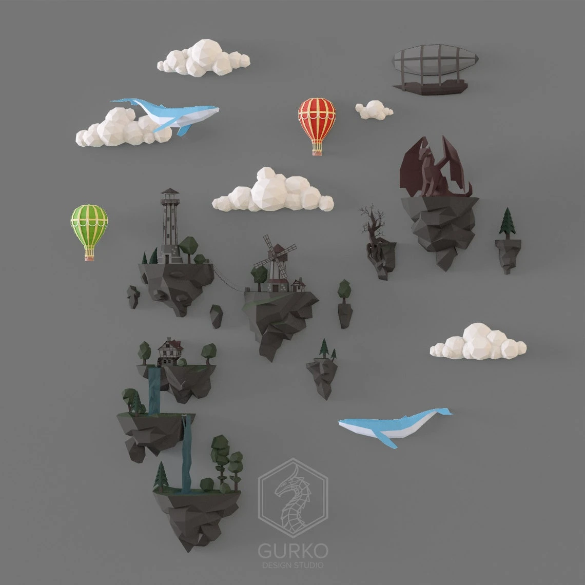 Papercraft Clouds With Whales And Hot Air Balloons, Pdf, Gurko, Pepakura, Template, 3D Origami, Paper Sculpture, Low Poly, DIY Craft