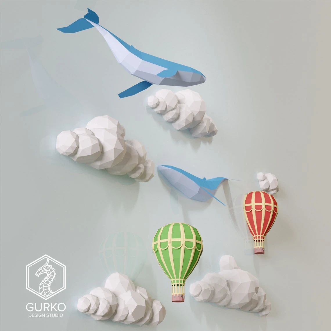 Papercraft Clouds With Whales And Hot Air Balloons, Pdf, Gurko, Pepakura, Template, 3D Origami, Paper Sculpture, Low Poly, DIY Craft