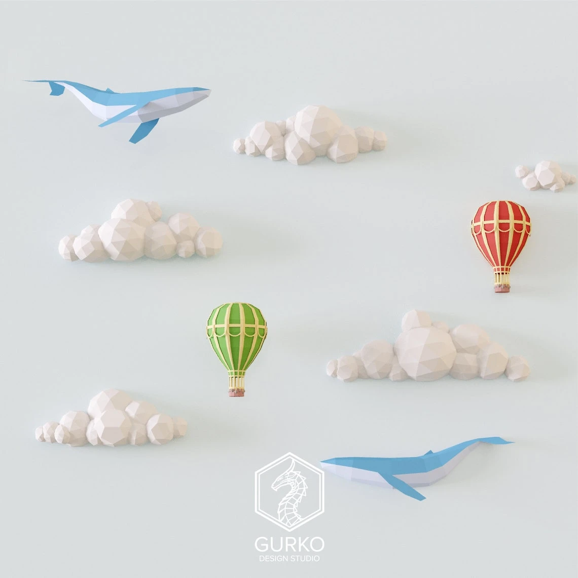 Papercraft Clouds With Whales And Hot Air Balloons, Pdf, Gurko, Pepakura, Template, 3D Origami, Paper Sculpture, Low Poly, DIY Craft