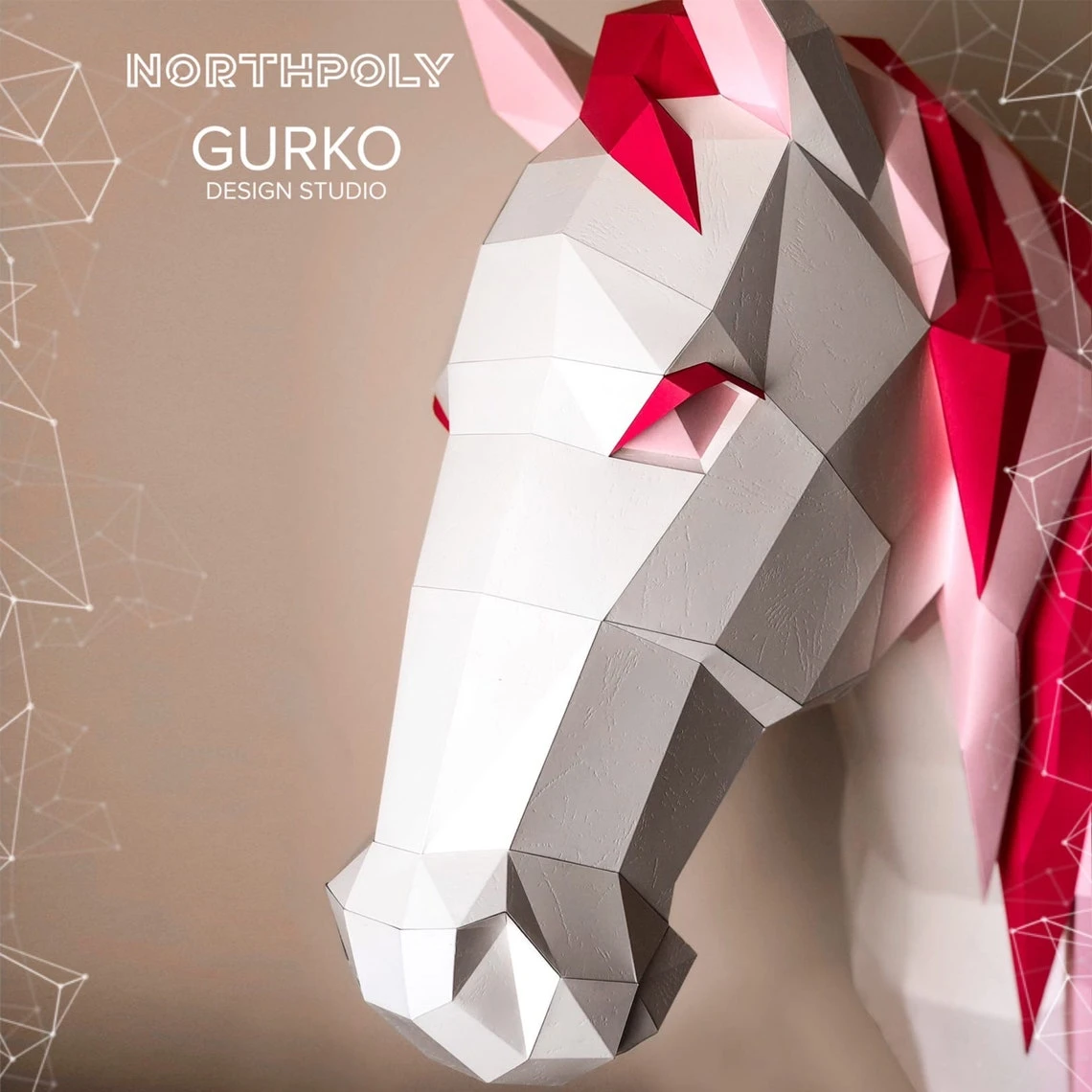 Unicorn Head Papercraft, Pdf, Gurko, Pepakura, Template, 3D Origami, Paper Sculpture, Low Poly, DIY Craft