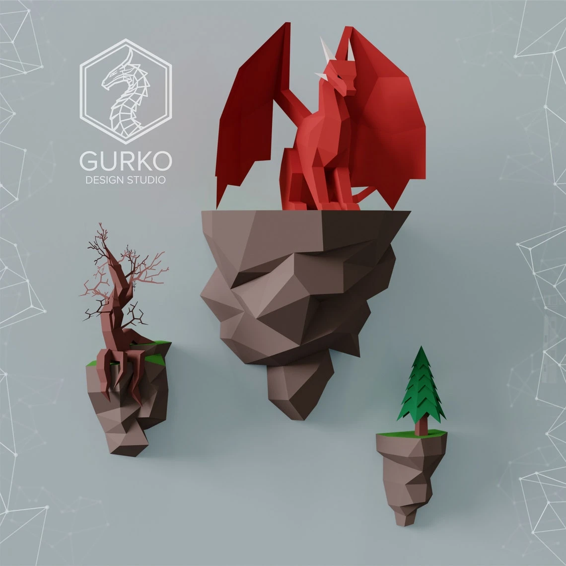 Papercraft Flying Island. Seated Dragon, Pdf, Gurko, Pepakura, Template, 3D Origami, Paper Sculpture, Low Poly, DIY Craft