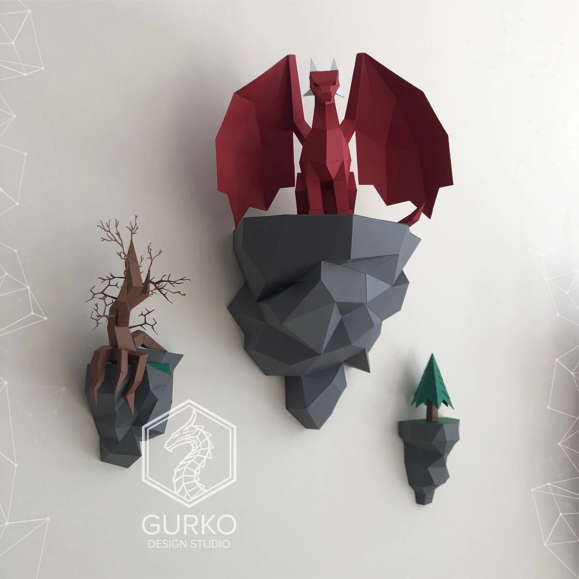 Papercraft Flying Island. Seated Dragon, Pdf, Gurko, Pepakura, Template, 3D Origami, Paper Sculpture, Low Poly, DIY Craft