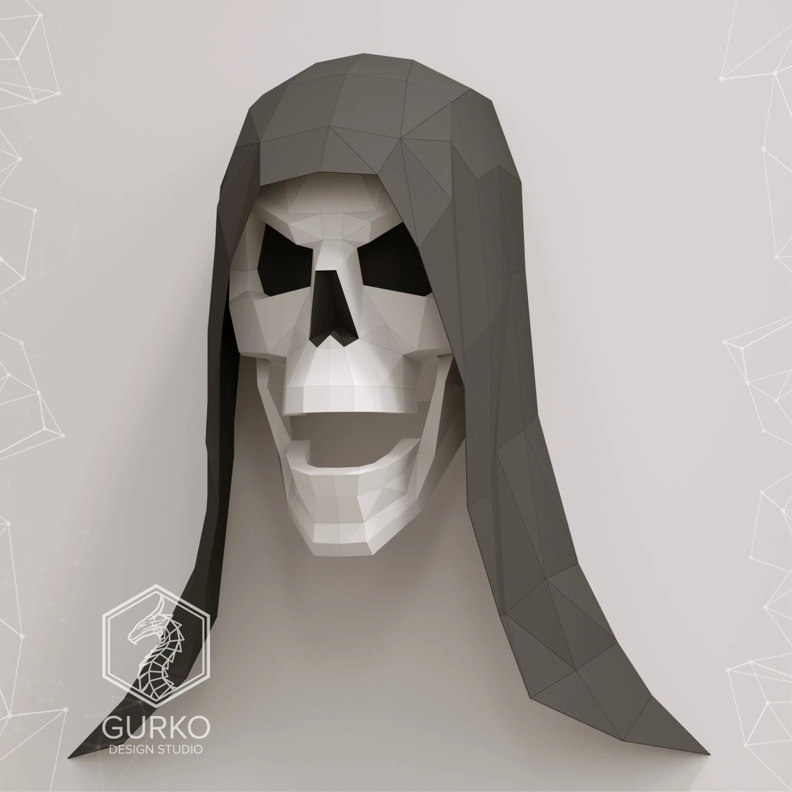 Hooded Skull Papercraft, Halloween, Pdf, Gurko, Pepakura, Template, 3D Origami, Paper Sculpture, Low Poly, DIY Craft