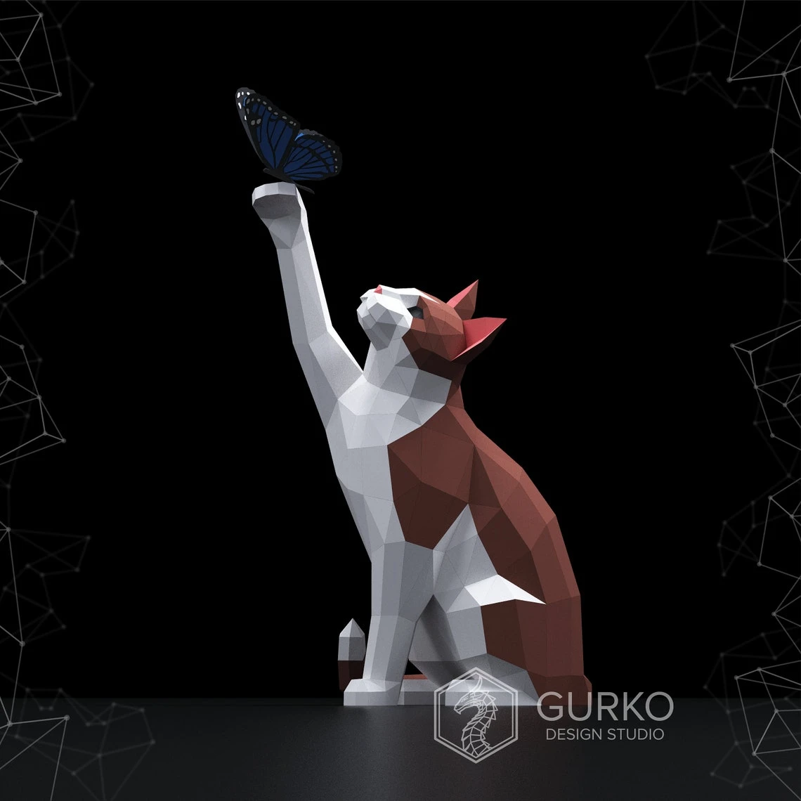 Papercraft Cat With Butterfly, Pdf, Gurko, Pepakura, Template, 3D Origami, Paper Sculpture, Low Poly, DIY Craft